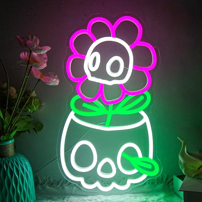 Skull Neon Sign for Wall Decor Halloween LED Sign Dimmable Cute Skull Flower Neon Sign for Boys Girls Bedroom, Game Room, Living Room, Man Cave, Halloween Party Decor Gifts