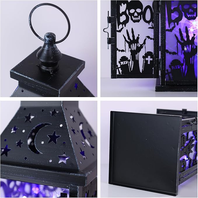 DECORKEY Halloween Decorations Indoor, 14.9" Decorative Graves&Skeleton Hands Lantern with 82" LED Lights(8 Modes; No Battery), Hanging Spooky Halloween Lanterns, Outdoor Home Room Door Party Decor