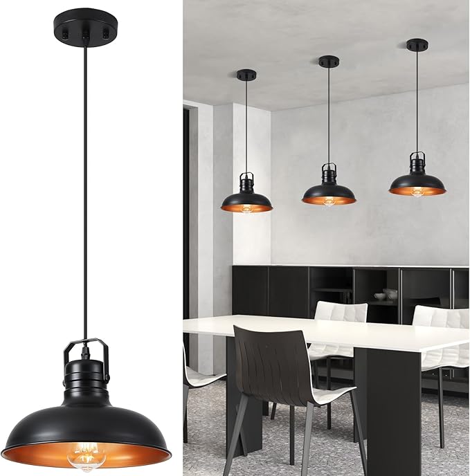 Industrial Pendant Light, 10.5 Inch Farmhouse Small Black and Gold Chandelier, Vintage Hanging Light Fixture with 71'' Height Adjustable Cord for Kitchen Island, Dining Room, Bedroom - 3 Pack