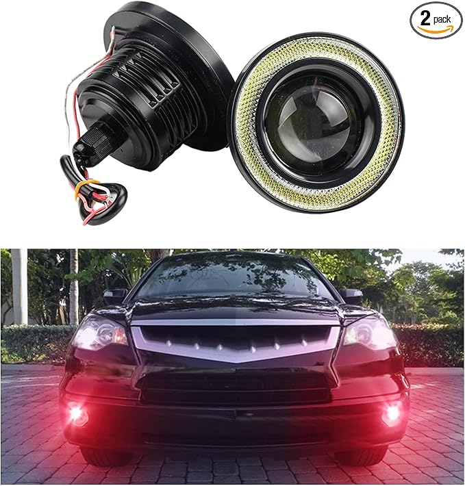 2 PCS Car Angel Eye Fog Light, 2.5'' Round COB LED Super Bright High Power Fog Angel Eye Projector with Halo Rings, Universal Vehicle DRL Daytime Driving Light Fog Lamp Bulbs (Red)