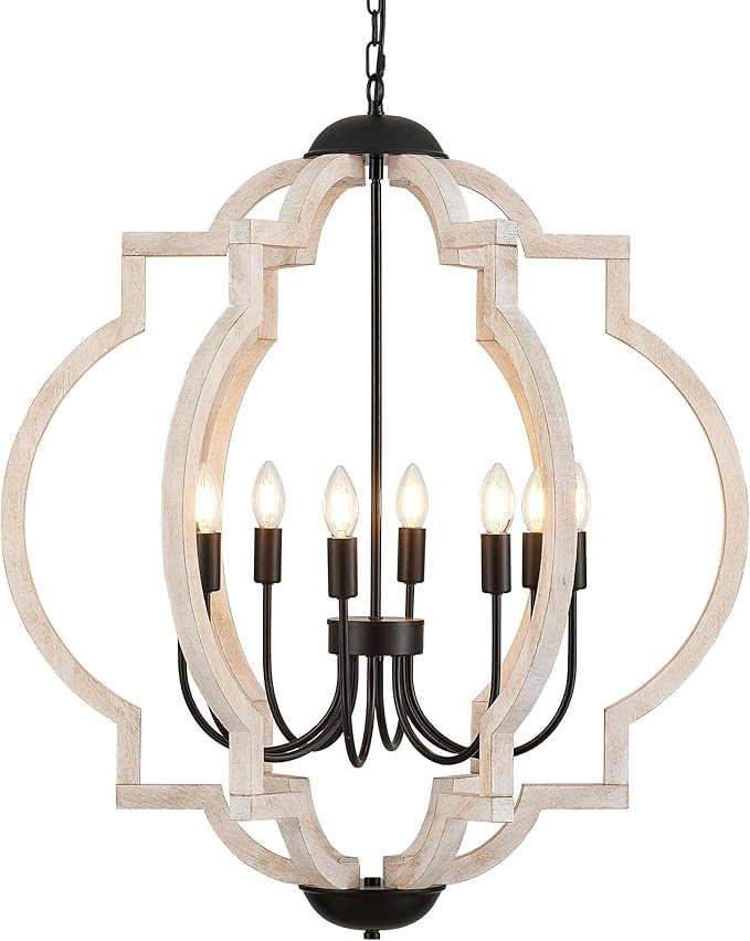 8-Light 30.5" Farmhouse Orb Chandelier Rustic Handmade Distressed White Wood Hanging Ceiling Pendant Light Fixture Wood Lantern Chandeliers for Dining Room Kitchen Bedroom Foyer Hallway