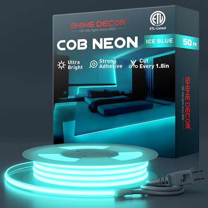 Shine Decor COB LED Rope Light AC 120V, 800lm Ultra Bright, IP65 Waterproof Cold-Resistant ETL Neon Strip, No Driver Tape Lighting for Home Commercial 10x4.5mm, Ice Blue, 50ft