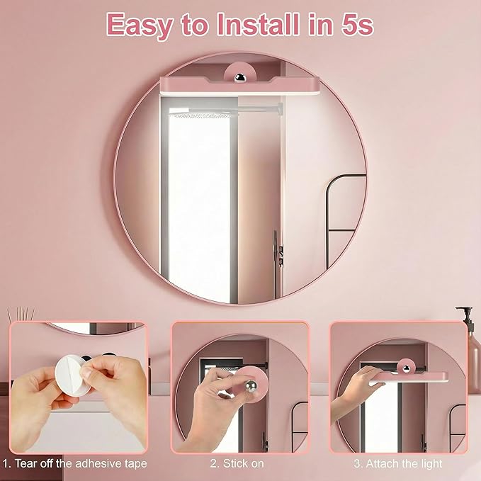 Wireless Vanity Lights for Mirror, Rechargeable Battery Operated Stick on Lamp, Adjustable Makeup Light, Cordless Magnetic LED Bar Renter Friendly Lighting Decor Gift, Pink