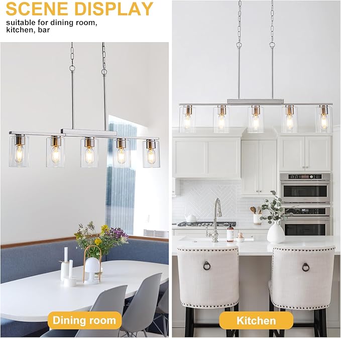WILON Kitchen Island Lighting, 5 Lights Nickel Sand Linear Chandeliers Modern Farmhouse Chandelier with Glass Shades for Kitchen Island Living Dining Room Foyer Bedroom(Brushed Nickel,5 Lights)