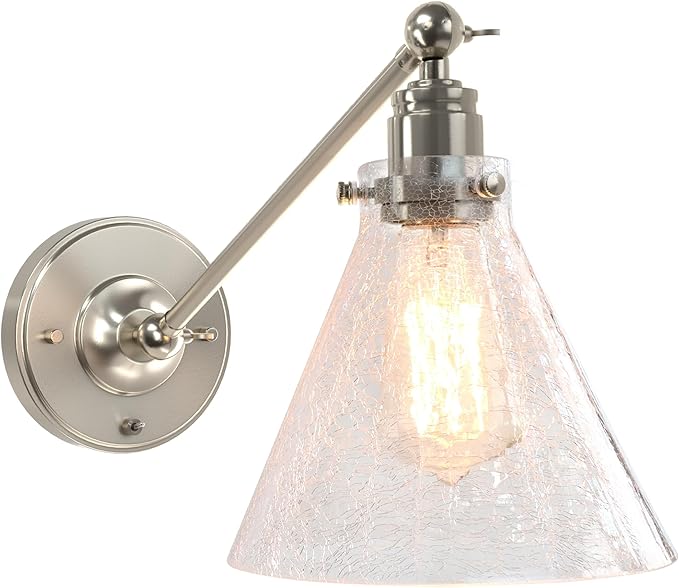 Industrial Vintage Slope Pole Wall Mount Single Sconce with Funnel Flared Clear Glass Shade, Swing Arm Wall Sconce Light Lamp Fixture Hardwired