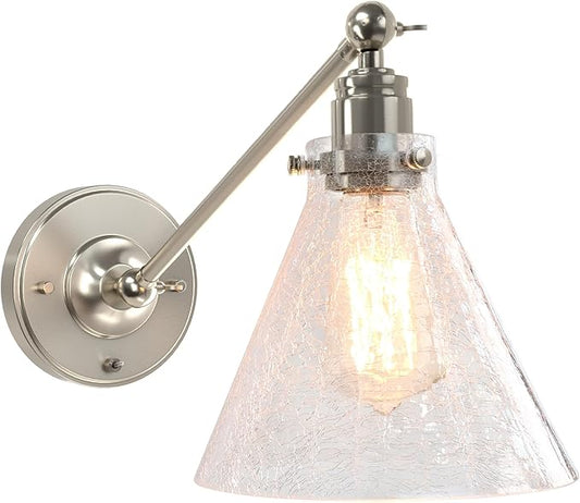 Industrial Vintage Slope Pole Wall Mount Single Sconce with Funnel Flared Clear Glass Shade, Swing Arm Wall Sconce Light Lamp Fixture Hardwired