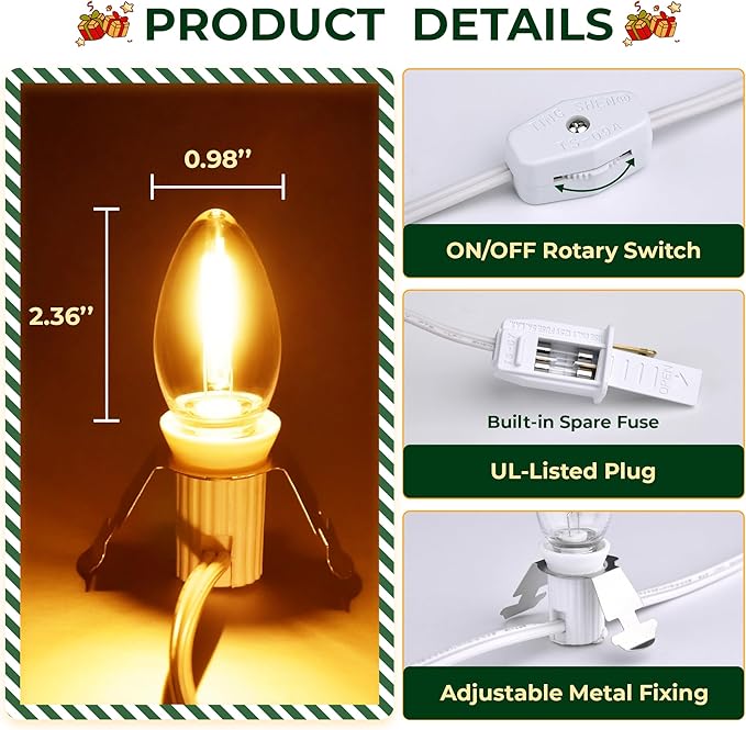 2Pack Christmas Village Lights with 12LED Light Bulbs and Outlet 11.6FT Light Cord with Spare Fuse Warm White C7 Lamp Villages Houses Lights for Halloween Pumpkins Christmas Village Houses Craft Decor