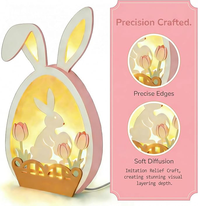 Easter Bunny Night Light - Pastel Glow USB Rabbit Lamp, Soft LED Bunny Decor for Easter Table, Home & Indoor Festive Decorations, Cute Spring Gift (Pink)