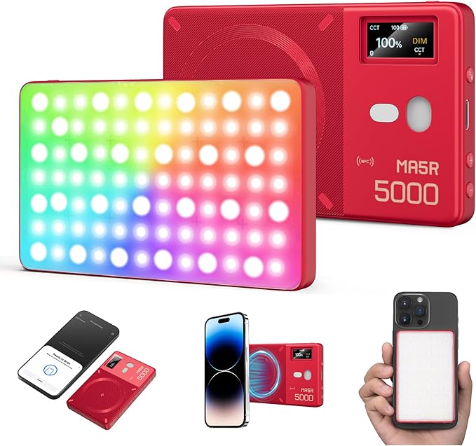 GODOX MA5R LED Fill Light with Soft Diffuser Magnetic Charging Phone Selfie Lighting Mini on Camera Lights 1800K-10000K 14 FX Modes for Selfies, YouTube, TikTok, Vlogging, Video Conferences (Red)