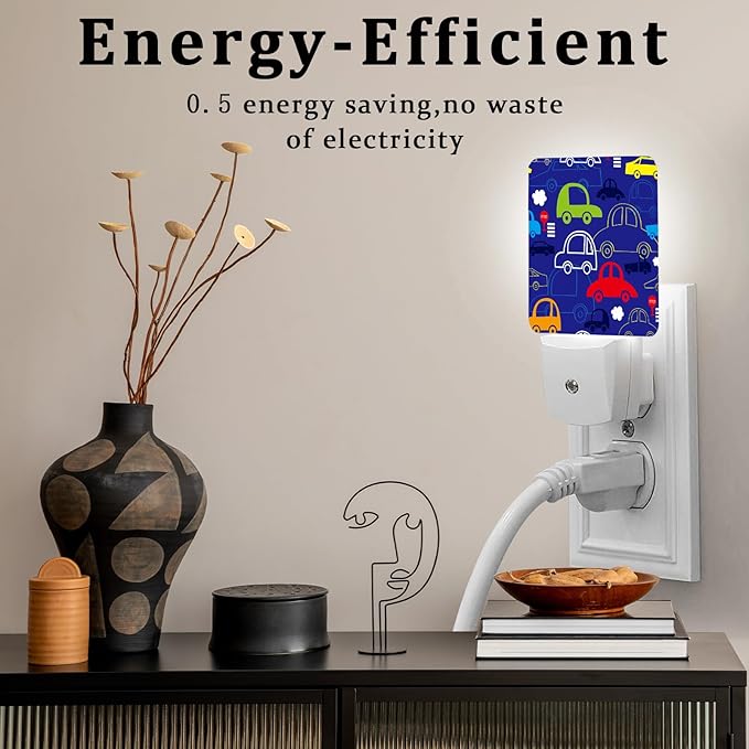 Cartoon Transport Night Light, Plug-into Wall Blue Cars Trucks Nightlight Lamp with Dusk to Dawn Sensor, Led Lamp 0.5W Energy Efficient for Boys Girls Adults Home Decor