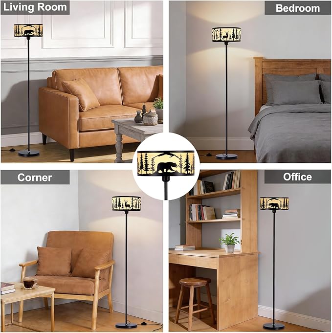 Mid Century Modern Floor Lamp,Unique Deer Bear Black Farmhouse Drum Gothic Floor Lamp with White Parchment,57.67" Tall Metal Rustic Standing Light for Living Room,Bedroom,Home,Office,Corner