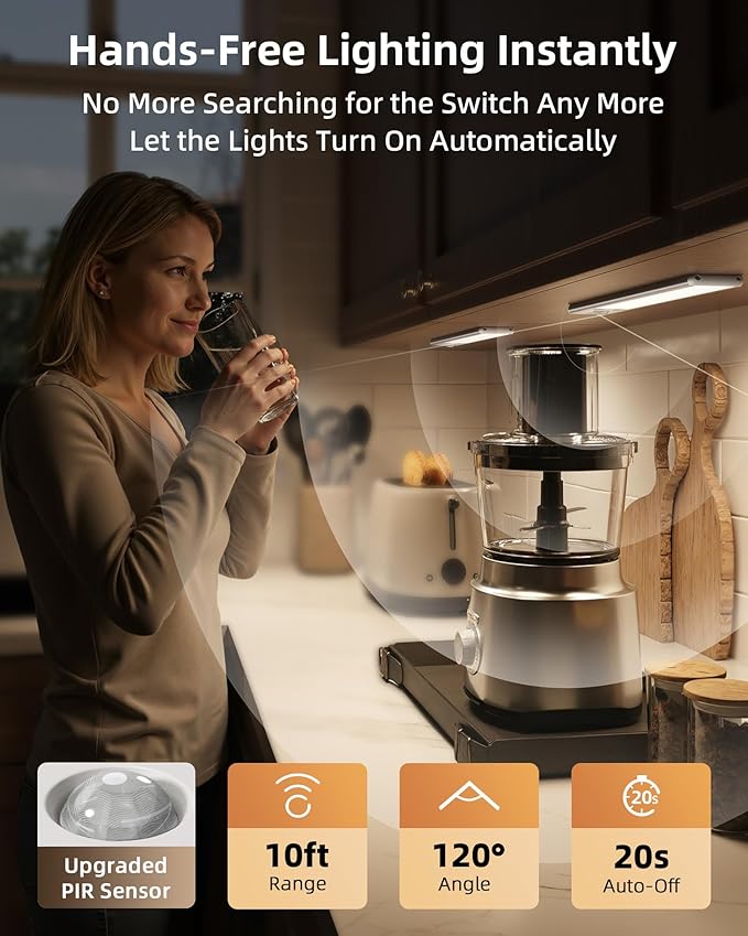 EZVALO 8" Under Cabinet Lighting, 2400mAh USB-C Rechargeable Motion Sensor Light, 3 Color Temps, 5-Level Dimmable Magnetic Wireless Closet Lights for Kitchen, Pantry, Stairs (2 Pack)