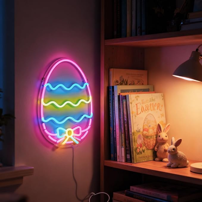 Easter Eggs Neon Sign - Multicolor Pastel LED Wall Light, USB Powered Dimmable Spring Decor with Hanging Chain - Perfect for Easter Party Decorations & Home festive Decor