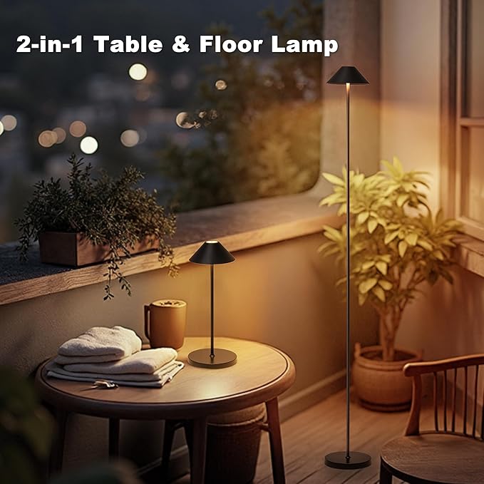 Rechargeable Floor Lamp for Indoor/Outdoor, Cordless Tall Standing Lamp with 3 Color Temps & Dimmable, IP43 Waterproof, Adjustable Height 16-59 Inch, LED Floor Lamp for Living Room, Patio(Black)