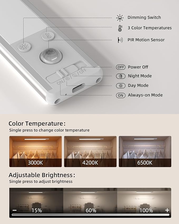 EZVALO 134 LED Under Cabinet Lights, 3200mAh Rechargeable Motion Sensor Light Indoor, Dimmable Magnetic Closet Lights with 3 Color Temps, Wireless Under Counter Lights for Kitchen, Stair (2 Pack)