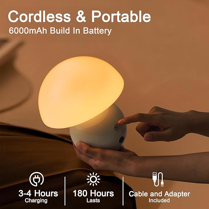 Cordless Cute Mushroom Lamp with Remote Control, 9 RGB, Cordless Lamps for Tables, 3 Color Temperature, Stepless Dimmable, Timer, Memory, Unique Aesthetic Home Decor for Living Room (White)