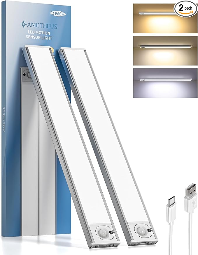 2Pack 16inch Under Cabinet Lighting, Rechargeable Motion Sensor Light Indoor, Dimmable 3 Color Temps Closet Lights with IR Remote, Under Counter LED Lights for Kitchen, Stairs