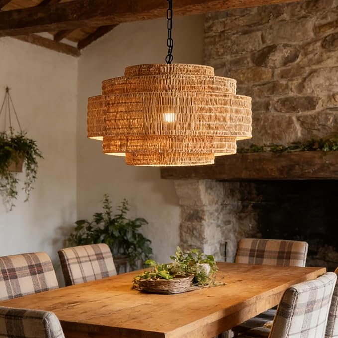 Foyer Chandelier 5-Light Rattan Chandelier Lighting Hand Woven Boho Wicker Hanging Pendant Light Fixture 23.6" Large Chandeliers for Dining Room Kitchen Living Room Bedroom