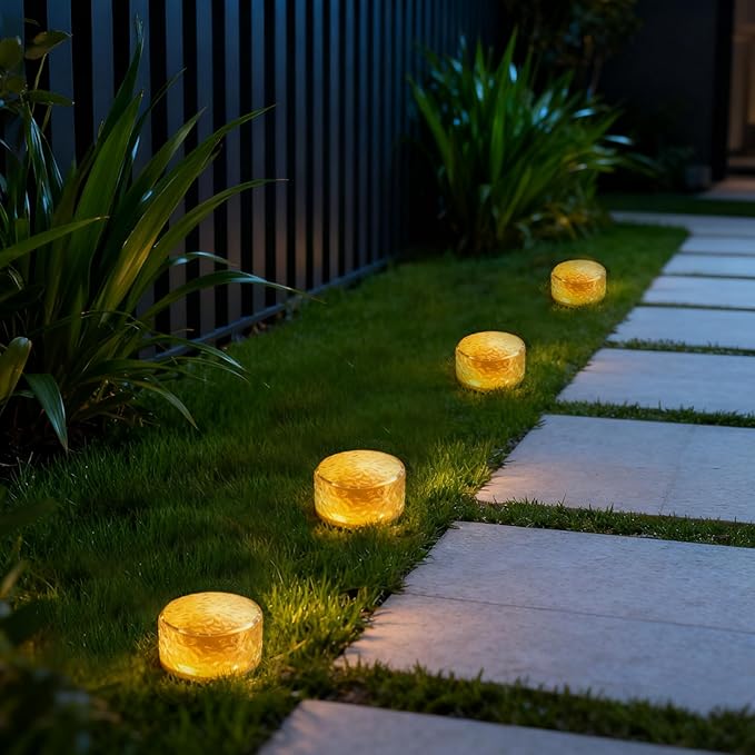 Wokyo Solar Brick Lights Outdoor Waterproof LED Rock Lights Patio Brick Lights 4 Packs for Patio, Yard, Walkway, Pathway Decor 4x4 inch (Warm White, Circle)