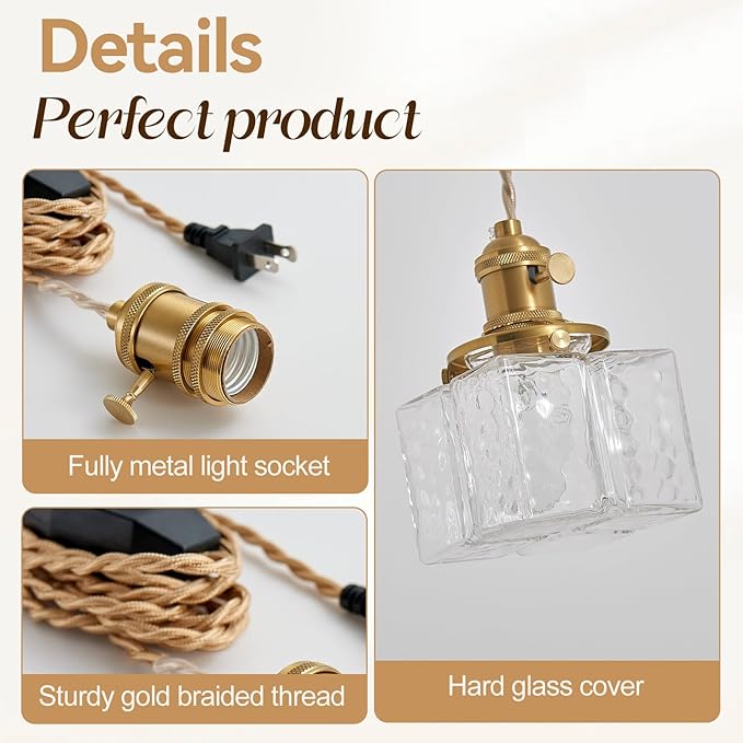Plug in Pendant Light, Clear Cube Glass Shade Hanging Lamp, Industrial Pendant Light for Basement, Dinning Room and Bedroom Minimalism Glass Pendant Lights Kitchen Island