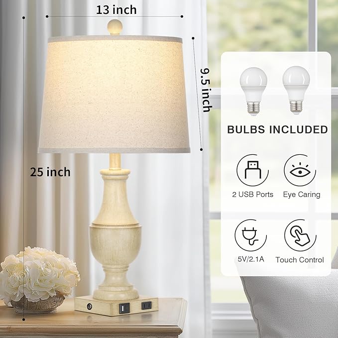 Farmhouse Vintage 3-Way Dimmable Table Lamp Set of 2 with USB A+C Charging Ports & AC Outlet, Rustic Mid Century Antique Traditional Bedside Lamps for Living Room Bedrooms Nightstand End Table White