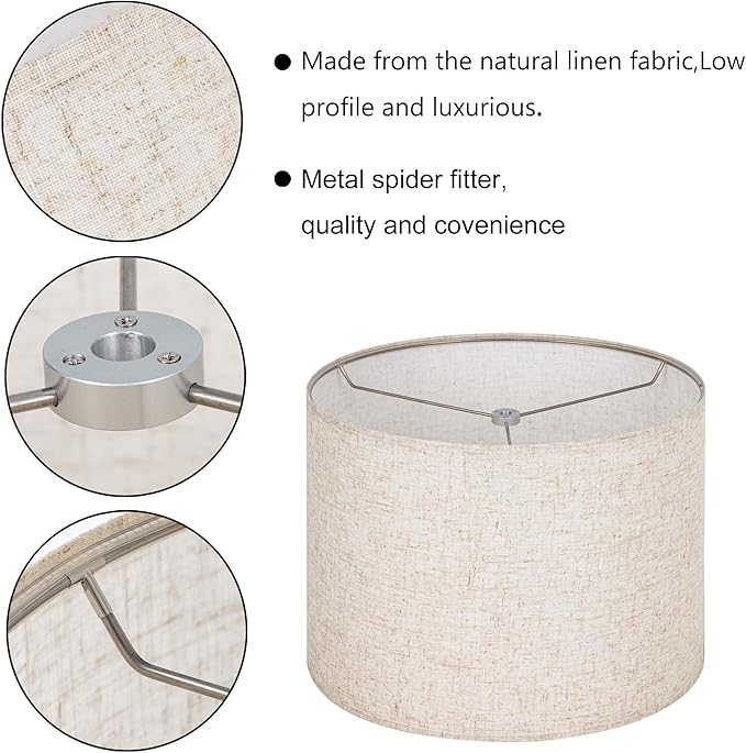 Wellmet Linen Set of 2 Drum Lampshades, Easy Assembly Required 14" Top x 14" Bottom x 11" High Replacement Lamp Shades, Fabric Lampshades for Table Lamps Floor Lamps, Metal Spider Fitter