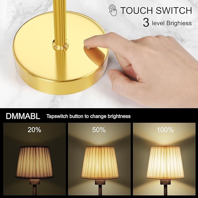 FRIDEKO HOME Rechargeable Table Lamp Gold - Cordless Battery Operated Lamp, Fabric Shade Desk Lamp, Wireless Lamp for Decor Bedroom Dining Table Counter (1pcs-Soft Fabric-Bulb Included-15.7in)