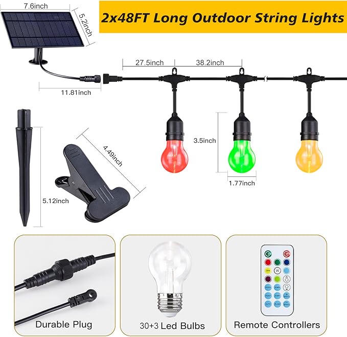 Auroraworld 96FT Commercial RGB Outdoor String Lights, Dimmable Waterproof LED Patio Lights with Remote, 30 Shatterproof Edison Bulbs for Cafe Yard Garden Party Decor
