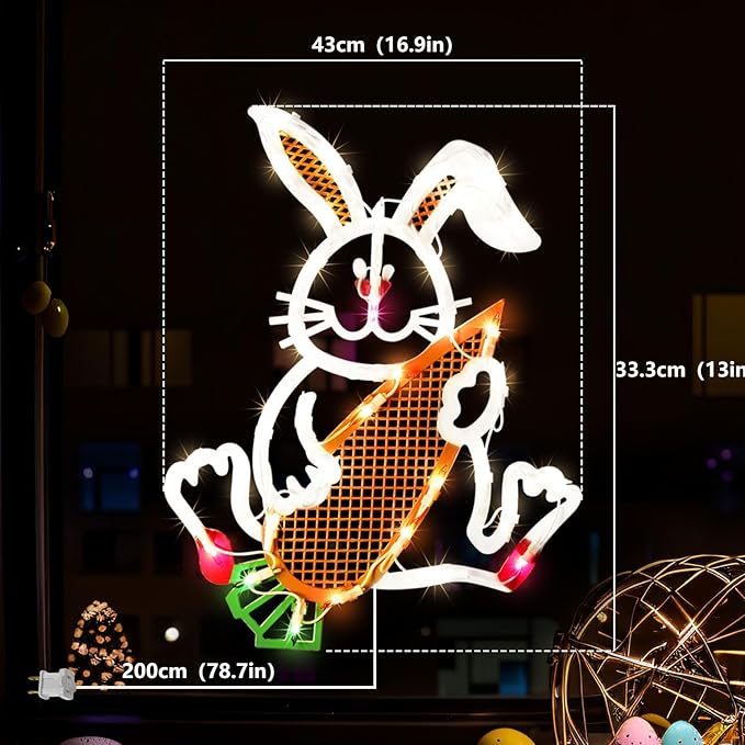 17" 35LED Lighted Bunny with Carrot Easter Decor - UL Certified, Cute Warm Glow, Window & Hanging Ornament, Indoor Holiday Decor,Beautiful Gift for Easter