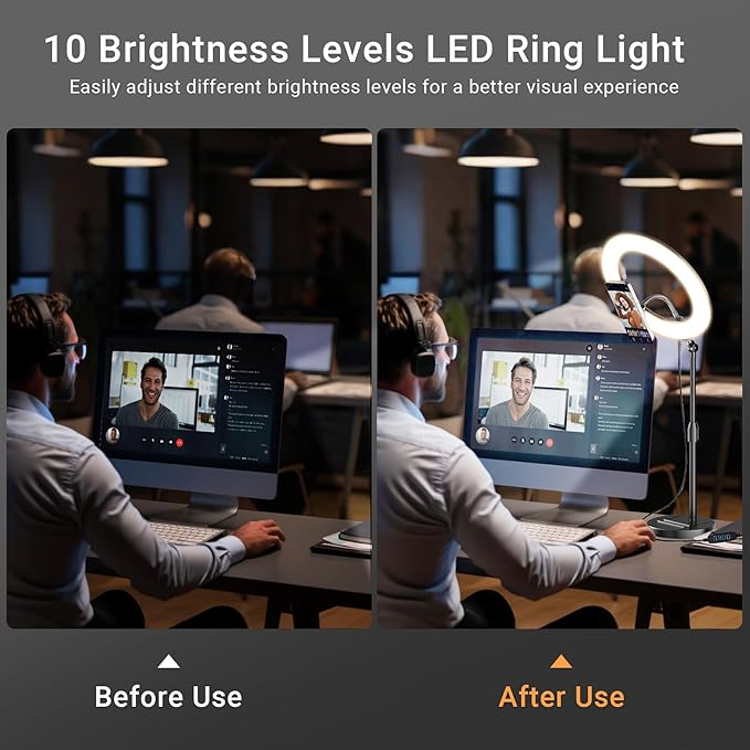 Desk Ring Light with Magnetic Phone Holder, 10'' Video Conference Podcast Lighting Kit for Laptop Computer Monitor Zoom Call Streaming, 3 Color LED Halo Light with Adjustable Stand for Home Office