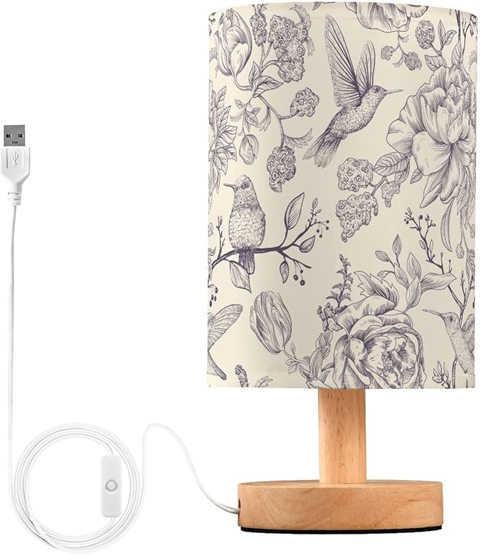 Bedside Table Lamp Vintage Birds Flowers Florals Nightstand Lamp with Wood Desk Lamps for Bedroom Living Room Nursery Office Home Decor