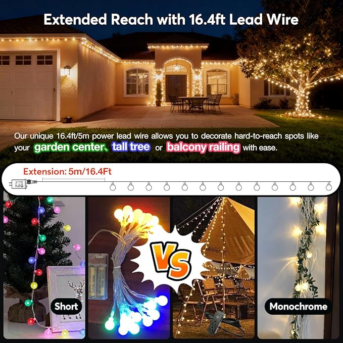 49.2ft Globe String Lights with 16ft Extended Lead & Stable Remote - 100 LED Warm White, 8 Distinct Modes, IP44 Waterproof, UL Certified, Linkable for Indoor Outdoor Wedding Party Decor