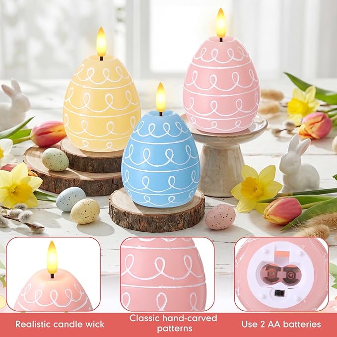 Baquler 3 Pcs Easter Egg Flameless Candles with Timer Egg Shape LED Candle Real Wax Battery Operated Flickering LED Candles Gift No Battery for Easter Party Living Room Home Decor (3 Color)