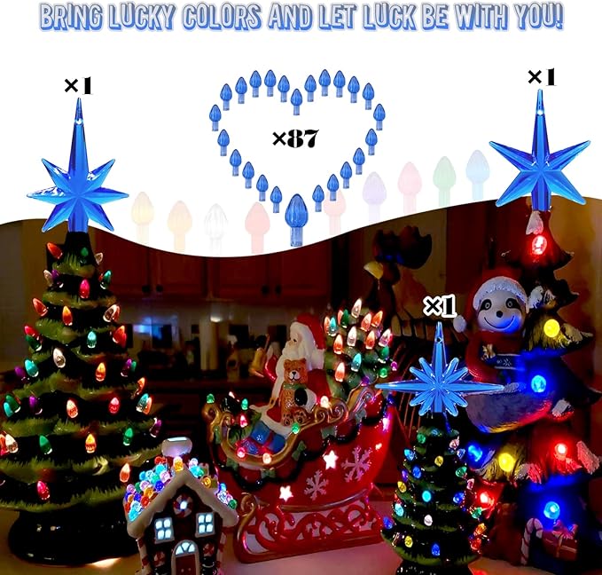 Ceramic Christmas Tree Replacement Lights Bulbs, Klein Blue Medium Twist Plastics Pegs Ornaments for Ceramic Tree(87 Bulbs＆ 3 Topper Star)