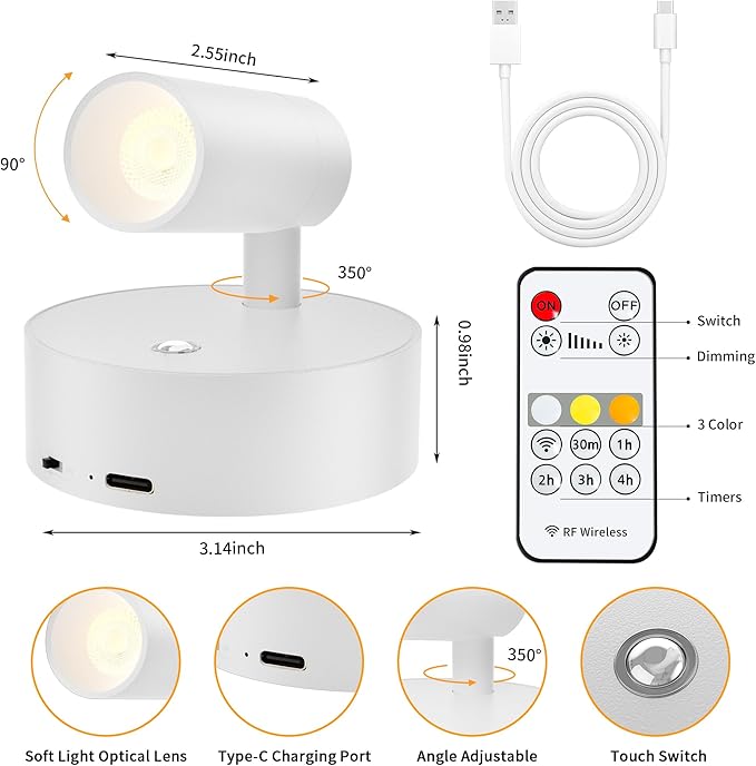 Rechargeable LED Spotlight Indoor: Wireless Battery Operated Spotlight with Remote Control Small Picture Spot Light Accent Uplighting for Plant Artwork White