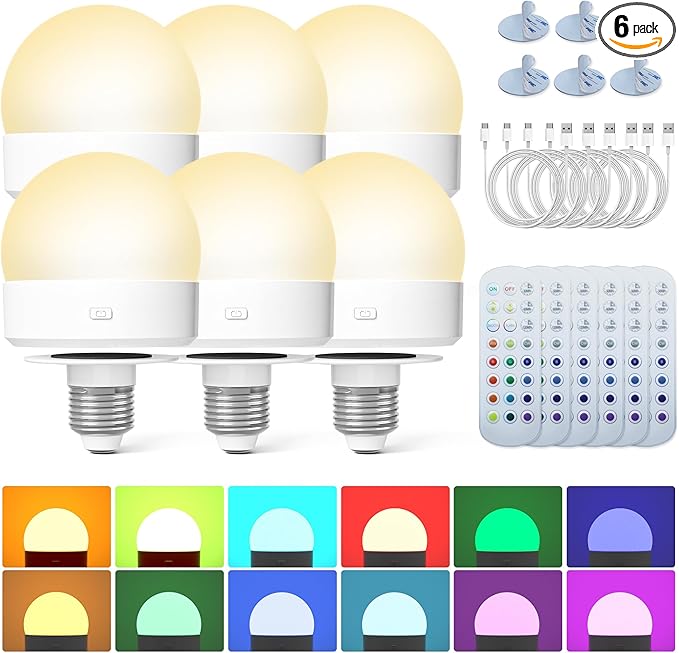 RGB Color Changing Light Bulb: Rechargeable Battery Operated E26 LED Bulbs, 3000mAh Wireless Dimmable Puck Lights with Remote Timer Magnetic for Sconce Lamp, 3 Color Temperatures+12 RGB Colors, 6pcs