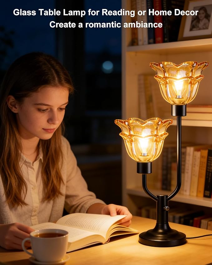 Lightdot Mid Century Modern Flower Table Lamp Black Dimmable U-Shaped Brown Glass Desk Lamps with 2Pcs 3000K Warmwhite Bulbs Included Bedside Nightstand Lamp for Living Room Bedroom