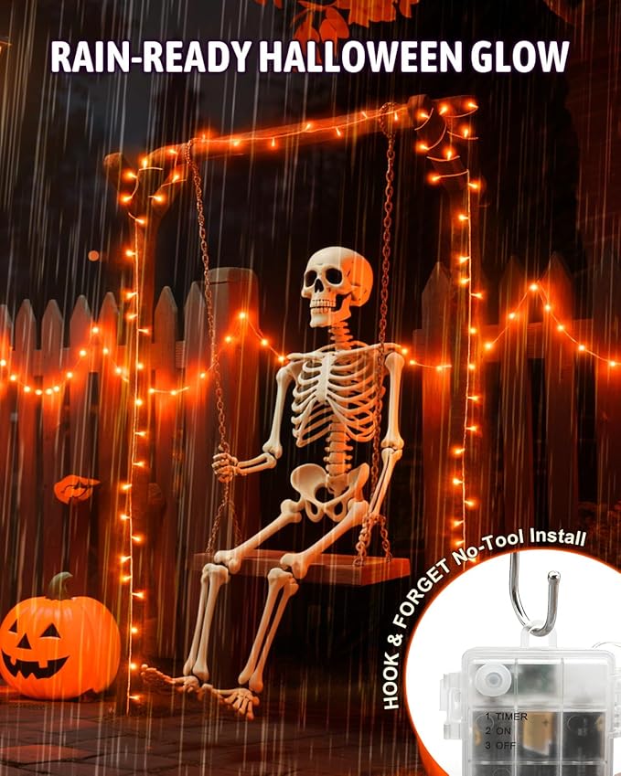 Halloween String Lights Battery Operated, Orange Lights for with Timer Waterproof 16.4ft 50 LED Halloween Decorations for Outdoor Indoor Patio Party Garden Yard Decor 2 Packs
