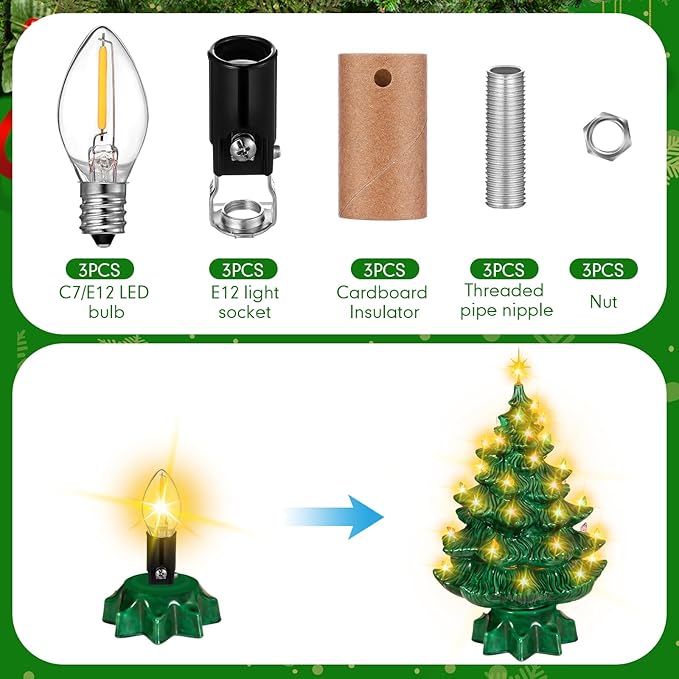Honoson 3 Pack Small Christmas Tree Wiring Kit with LED Bulb, Ceramic Christmas Tree Replacement Lights, E12 Candelabra Base, Lamp Wiring Kit Nice for Desk Lamp Lighting and DIY Projects