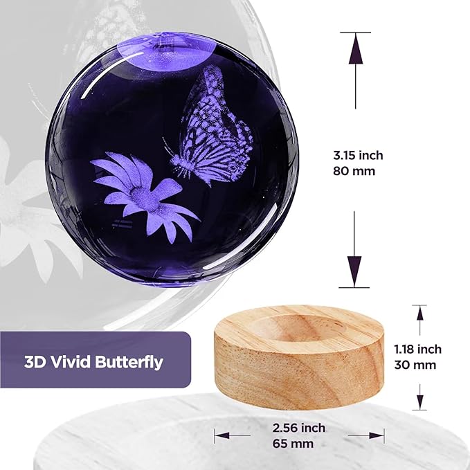 3D Butterfly Crystal Ball Night Light with 16 Colors and 4 Modes, Upgraded K9 Crystal, 3.15 Inch Butterfly and Flower Figurines, Remote Control, Gift Box
