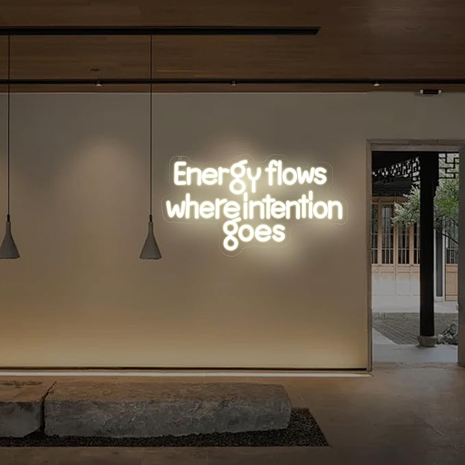 Energy Flows Where Intention Goes Neon Sign – Warm White LED Wall Light for Yoga Room, Gym, Meditation Space, Inspirational Quote Decor for Home or Studio 16.5″ ×9″