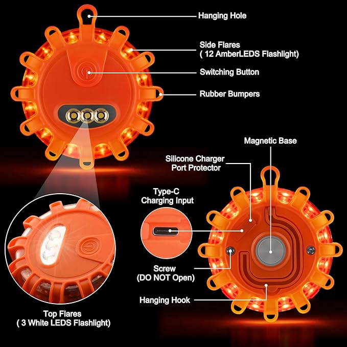 Meliya USB C Rechargeable LED Road Flares Emergency Lights with Magnetic Base, 9 Strobe Options Roadside Emergency Warning Car Safety Beacon Flashing Disc Flare Kit (Orange Lights, 3 Pack)