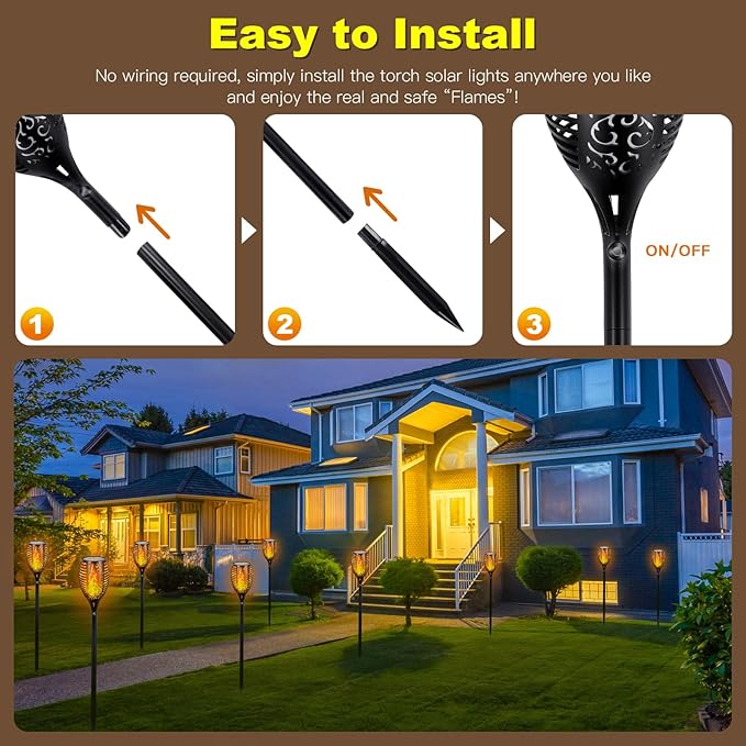 4 Pack Solar Lights Outdoor Larger 96 LED Solar Tiki Torches with Flickering Flame Upgraded Taller 43" Outdoor Lights Waterproof for Garden Patio Yard Pathway Outside Halloween Decorations