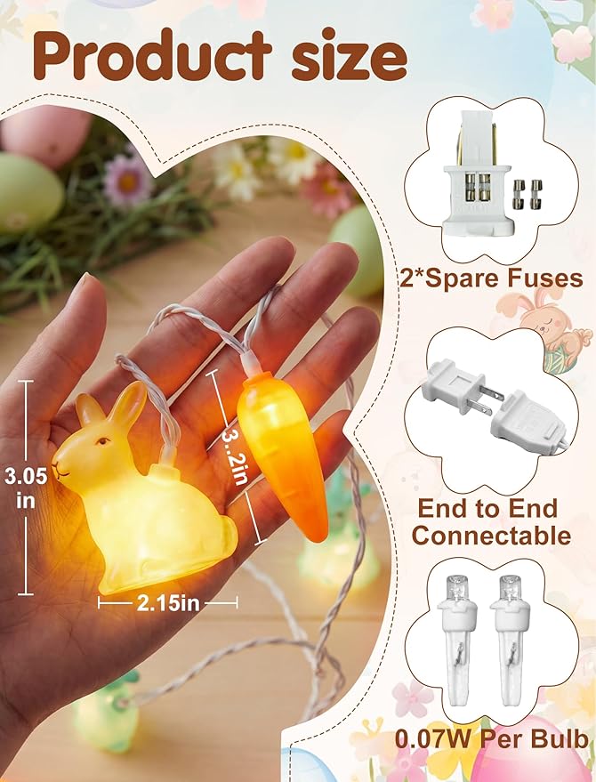 Easter Bunny Carrot String Lights, 8.5Ft Plug in Fairy Lights with 10 LED Rabbit and Carrot Lights, Cute Spring Decor for Home Bedroom Garden Party Indoor Outdoor Decorations
