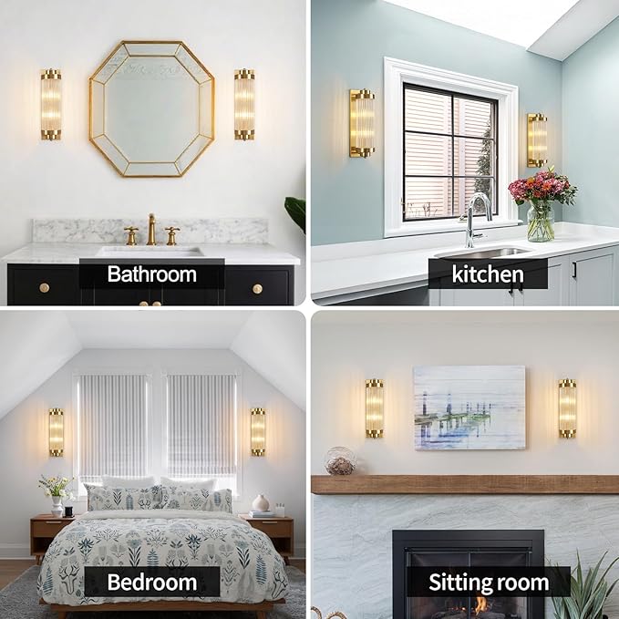 Gold Wall Sconces Set of Two with Crystal Glass Strip Bathroom Sconces Modern Wall Lights for Bedroom Living Room Hallway Wall Light Fixtures, 2 Light E12 Base