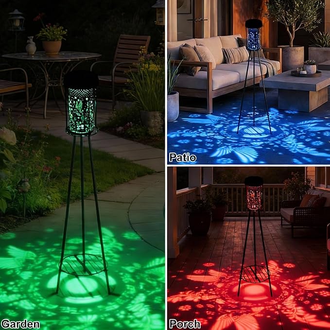 Outdoor Solar Floor Lamps RGB Color-Changing Hummingbird Projection Metal Plant-Stand Garden Light,42.48" Waterproof Decorative Solar Lamp for Patio,Deck,Yard,Porch,Path