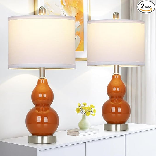 Double Gourd Ceramic Table Lamps Set of 2, Modern Red Bedside Lamps for Night Stand, Contemporary Nightstand Lamps for Bedroom Living Room (Bulb Included)