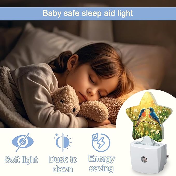 Bird Flower Night Lights Plug Into Wall,Spring Watercolor Birds Star Night Light for Kids,Nightlight with Dusk to Dawn Smart Sensor for Bedroom Bathroom Decor,Children Women Men Gift
