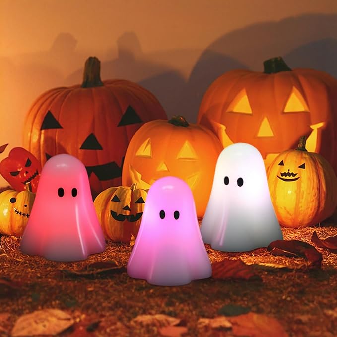 DRomance Halloween Ghost Flameless Candles Battery Operated with 18-Key Remote and Timer Set of 3 Real Wax Color Changing LED Flickering Candles Spooky Halloween Indoor Decoration(3" D x 3.5" H)