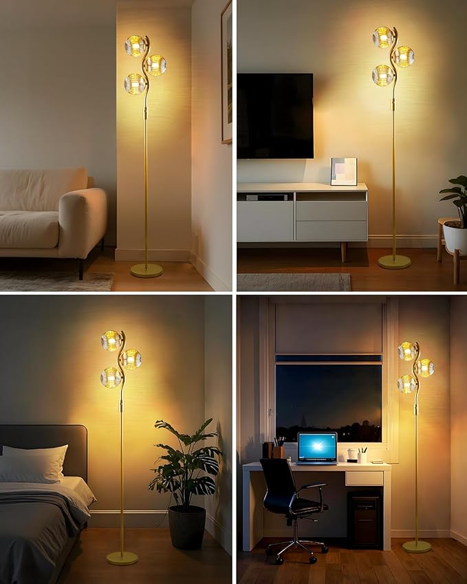 Lightdot 60IN Dimmable Gold Floor Lamp with 3 Glass Globe Mid Century Standing Lamps with 3Pcs 3000K Bulbs Included Stepless Brightness Adjustable Modern Tall Lamp for Bedroom/Sofa Beside/Corner Decor